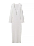 Summer Lady Sexy Deep V-neck Hollow Out Knitted Long Dresses Fashion Loose Full Sleeve Cover-ups Women Beach Party Dresses