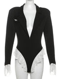 Sexy Deep V Neck Lace Bodysuits For Women Contrast Color Long Ruffled Sleeve Slim Fit Body Top Party Wear Hot Girl Autumn