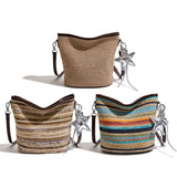 Pbong  Women Summer Straw Crossbody Purse with PU Adjustable Strap Travel Bucket Bag for Beach Vacation Travel