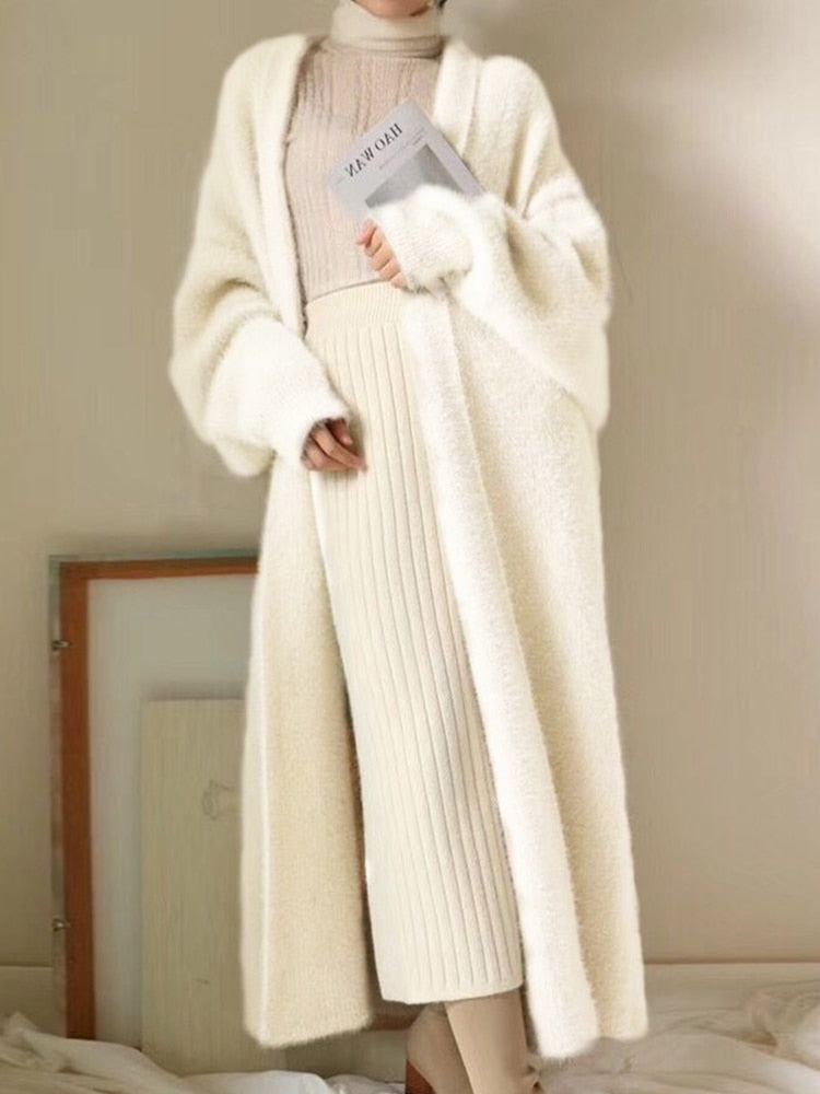 Imitation Mink Long Cardigan Women Casual Loose Soft Sweater Gilet Elegant Fall Winter Fluffy Knitwear Jackets Warm Knit