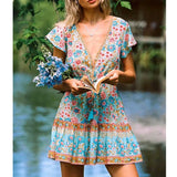Pbong  Floral Boho Mini Dress Vintage Casual Summer Women Dress Flare Sleeve V-neck Button Front Ladies Chic Female Dress New