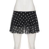 Pbong  Y2K Aesthetics Polka Dot Printed Mesh Patchwork Skirts Women Summer With Underpants A-line Mini Skirt Fashion Street Wear