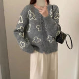 Cute Floral Knitted Cardigan for Women Cozy O-neck Button Front Sweater Jacket Teen-girl Fall Winter Korean Fashion Outfit