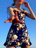 Pbong  Outdoor Parties Elegant Navy Floral Slip Dress for Women Square Collar Ruffled Hem A Line Skirt for Music Festivals