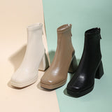 New Fashion Ankle Boots for Women High Heels Chunky Platform Stretch Fabric Square Toe White Sole Zipper Young Lady Booties