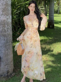 Autumn Women Printed A-line Long Dresses Elegant Flare Sleeve V-neck Dress Vintage Casual Birthday Vestidos Female Clothes New