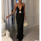 Pbong  Womens Holiday Boho Summer See-through Vintage Backless Long Sundress Sleeveless Deep V Neck Flower Decor Party Dress