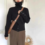 Turtleneck Sweater with Buttons Decor Funnel Neck Pullovers Grey Jumper for Women Ladies Cosy Autumn Winter Casual Outfit