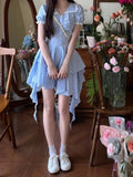 Pbong  French Sweet Dresses Peter Pan Collar Puff Sleeve Plaid Pleated Irregular Ruffles Dress Summer Female Slim Women's Clothing