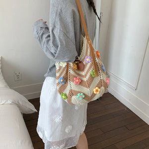 Vintag Crochet Bag for Women Multicolor 3D Flower Handmade Woven Shoulder Tote Bags Summer New Trend Fashion Handbags