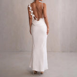 Womens Temperament Satin Dress Summer Sexy Suspender Off-Shoulder Party Dress Elegant Solid Color Hollow Backless Evening Dress