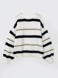 Casual contrasting striped round neck long sleeved women's knitted sweater