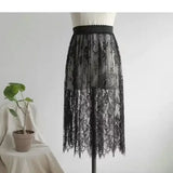 2 Length Elegant Black Skirt White Lace Transparent Long Tulle Skirt Ladies Elastic High Waist Beach Midi Skirt