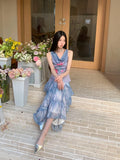 Romance Off The Shoulder Floral Sleeveless Mesh Top Gradient Blue Summer Tank Top Woman 2025 Korean Fashion