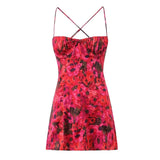 Pbong  Floral Sexy Chic Strappy Mini Dresss Halter Sleeveless Backless Ruffles Red Holiday Women Ladies Party Dresses Vestido