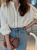 Pbong  White Blouse Women Temperament Korean Tops Stand Neck Long Sleeve Autumn Shirts Hollow Out Loose Blouses