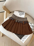 Pbong  Retro Corduroy Sweet Pleated Skirt Women Slim High Waist Belt Sexy Mini Skirts Spring Fall Vintage Korean Patchwork A Line Skirt