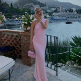 New sexy pink sloping shoulder dress, women's back tied hem fish tail party dress long