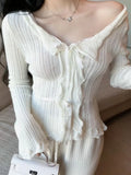 Pbong  Sexy Sweater Long Sleeve Cropped Cardigan V Neck Hollow Out  Knit Lace Up Top Bandage Single Breasted Tops