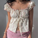 Women Y2k Fairy Lace Shirts Cap Sleeve Button Down Lace Patchwork T-Shirts Aesthetic Babydoll Crop Tops Summer Streetwear