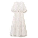 Fashion Hollow Out Embroidery Long Dress 2025 New V-neck Vacation Beach White Women Dress Fashion Chic Summer Female Clothing