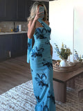 Fashion Print Ribbon Strapless Dress For Women Slim Halter Neck Elegant Long Dress Summer Fashion Vacation Ladies Dress