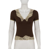 Pbong  Women's Vintage Style Short Sleeves T-shirts Slimming Brown V-Neck Lace Patchwork Casual Tops Summer All Match Clothes Fashion