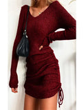 Pbong  Women's autumn and winter sexy slim fit ribbed skirt knitted sweater V-neck long sleeved pleated drawstring base skirt