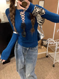 Half Lace Up Sweater for Women Long Sleeve Slim Fit Knitted Tops Pullovers Femal Lace-up Jumper Autumn Winter Y2K Outfit