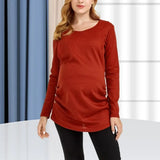 Pbong  Soft and Comfortable Breastfeeding Base for Pregnant Women Wine Red Solid Color Round Neck High-quality Long Sleeved T-shirt