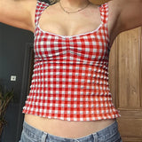y2k Tops for Women Summer Fairycore Clothing Plaid Print Lace Trim Sleeveless Tanks T Shirts 2000s Clothing Streetwear