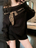 Sexy Off Shoulder Y2K Sweater Women Vintage Leopard Lace Up Knitted Jumper Casual Lazy Wind Long Sleeve Slash Neck Pullover