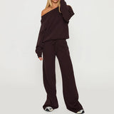 Pbong  Women Lounge 2 Pieces Outfits Solid Color Off the Shoulder Long Sleeve Loose Fit Sweatshirt Tops and Wide Leg Pants Matching Set