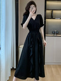 Women Black Puff Sleeve V-neck Casual Ruffled Long Dresses Summer Elegant Bodycon Female A-Line Mujers Clothes New