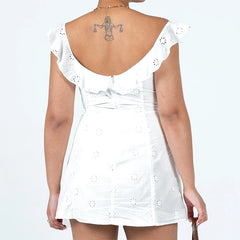 Y2K Floral Pattern White Dress Tie Up Square Collar Ruffles Strap Slim Fit Bodycon Women Vintage Backless Mini Dress