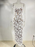 Floral Embroidery Sexy Maxi Dress For Women Fashion Spaghetti Strap Sleeveless Backless Lace-up Club Party Long Dress