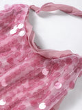 2025 Summer Halter Dress Women Sequined Glitter Lace Up Hanging Neck Dress Fashion Sexy Backless Party Gown Pink Short Dresses