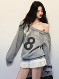 Y2K Streetwear Gray Sweatshirts Women Off Shoulder Loose Letter Pullovers Harajuku Retro Female Casual American Tops New