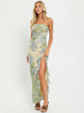 Strapless Backless Mesh Split Maxi Dress For Women Fashion Off-shoulder Sleeveless Ruffle Bodycon Sexy Long Dress New