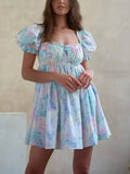 Pbong  Floral Casual Chic Mini Dress Puff Sleeve Blue Summer Backless Sexy Holiday Women Ladies Party Ruffles Dresses Vestido