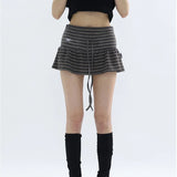 Japanese Style Striped Skirt Women Vintage Harajuku Lace Up Ruffle Mini Skirt Streetwear Grunge Summer Short Skirts