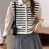 Striped Sweater Vest for Women Gold Button Waistcoat Soft Knitted Sleeveless Cardigan Jacket Top Fall Winter Korean Chic Outfit