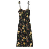 Pbong  Retro French Style Black Floral Print Bandage Spaghetti Strap Hem Slit Midi Dress Women Bow Lacing Up Sling Robe Vestido