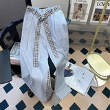 Jmprs Striped Patchwork Pants Women Korean Belt High Waist Straight Trousers Casual Loose Elegant Female Fashion Wide Leg Pants