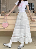 Pbong   White Skirts for Women High Waist A-line Chic Jupe Korean Summer Saia Lace Embroidery Sweet Long Skirt
