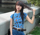 Pure Cotton Summer Front Shoulder Commuting Short-sleeved T-shirt Women's New Puppy Print Short Sweet and Spicy High Street Top