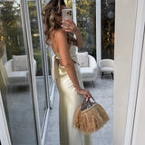 Light Yellow Party Long Dress Satin Sleeveless Slim Fashion Women Dress For Summer Sexy Backless Lace-up Woman Clothing