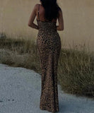 Women New Y2K Elegant Leopard Printed Maxi Dresses Backless Skinny Spaghetti Strap Lace-up Slim Vintage Robe Dress