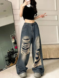 Pbong  American High Street Jeans Hole Patchwork Pockets High Waist Wide Leg Pants Y2k Harajuku Vintage Spicy Girl Women Clothing