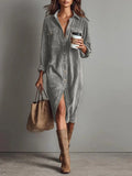 Pbong  New Fall Retro Solid Ribbed Corduroy Dress Woman Elegant Single Breasted Lapel Shirt Dresses Long Sleeve Slit Clothing